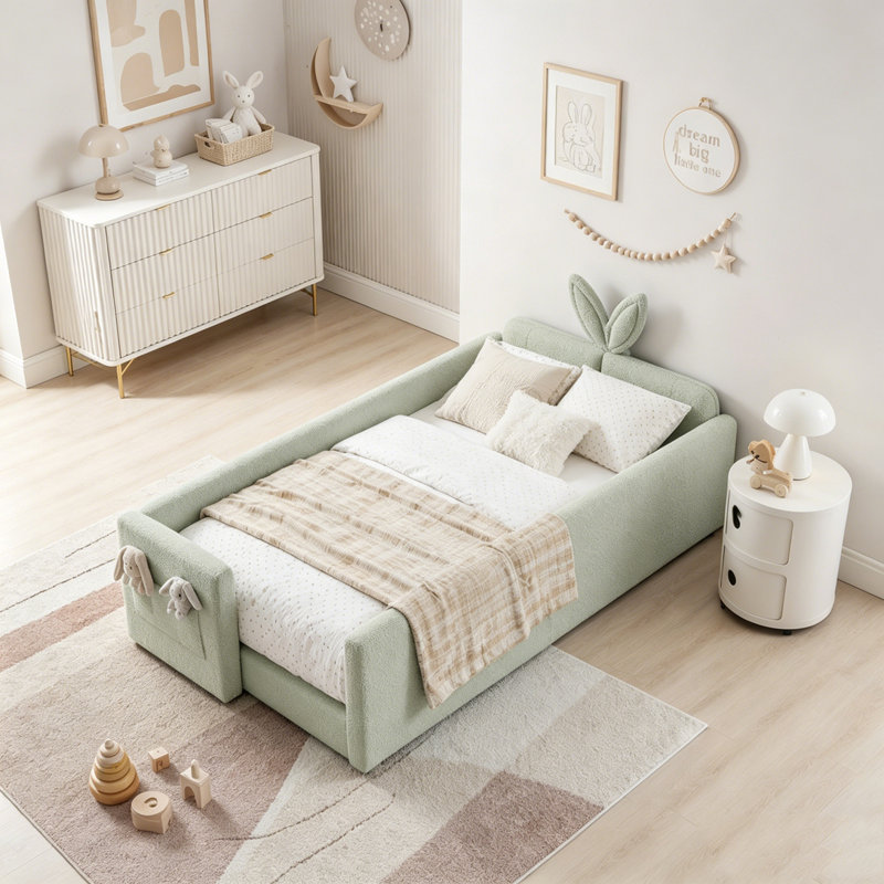 Lit plateforme simple avec tête de lit pour oreilles de lapin, barrière de sécurité et poche de rangement, Cyan
