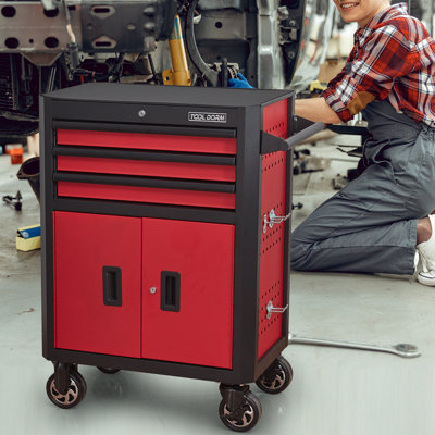 Tool Cabinets 28inch Rolling Toolbox With 3 Drawers, Metal Tool Chest With Wheels, One Room With Two Door, Black And Red Color, Tool Cart For Garage, Warehouse, Repair Shop, Workshop