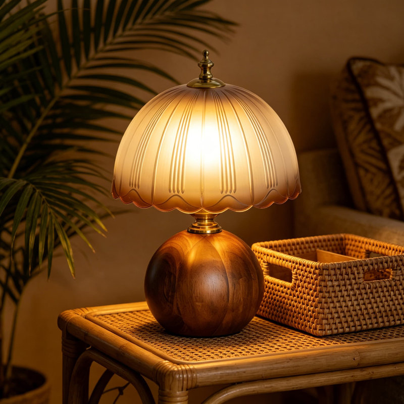 Lampe de table à intensité variable en bois avec abat-jour en verre givré - Lampe de table de chevet en bois massif pour chambre à coucher et salon, douille E26 avec cordon de 6 pi