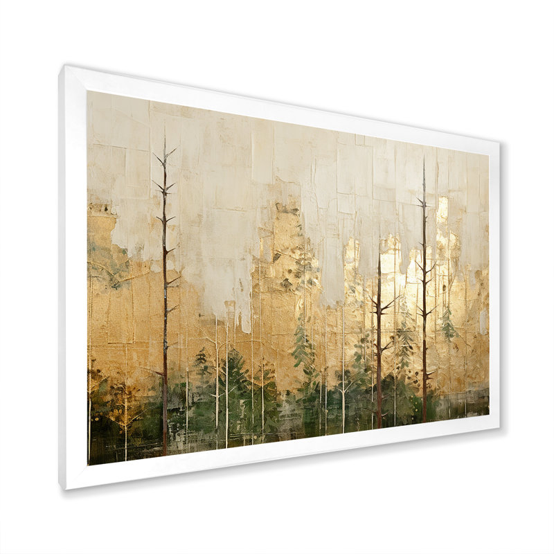 «Minimalisme beige et or forêt I», art mural sur toile forêt, H 30 po x l 40 po x P 1,5 po, Cadre simple blanc