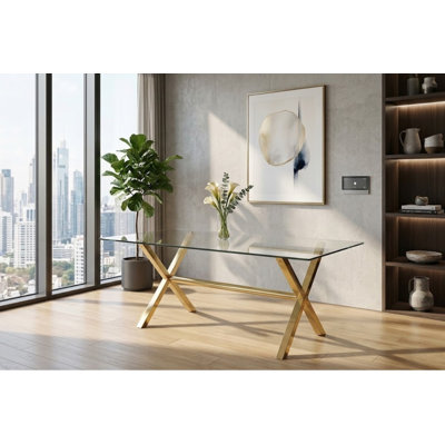 Beverly Modern Glass Dining Table with Gold Metal X-Legs – Contemporary Rectangular Dining Table
