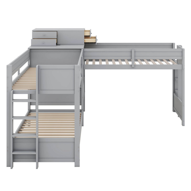 Lit simple superposé en forme de L avec bureau intégré, 4 tiroirs, ports USB et prise de courant, Gris