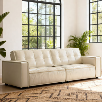 95.2 Inch Tufted Leather Sofa For Living Room With Solid Wood Frame