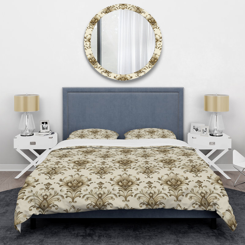 Ensemble de housse de couette moderne beige à motif damassé classique II, Housse de couette simple et deux taies décorative