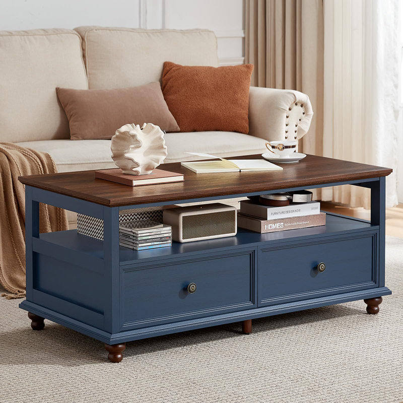 Table basse de style champêtre avec rangement et deux tiroirs, Blue