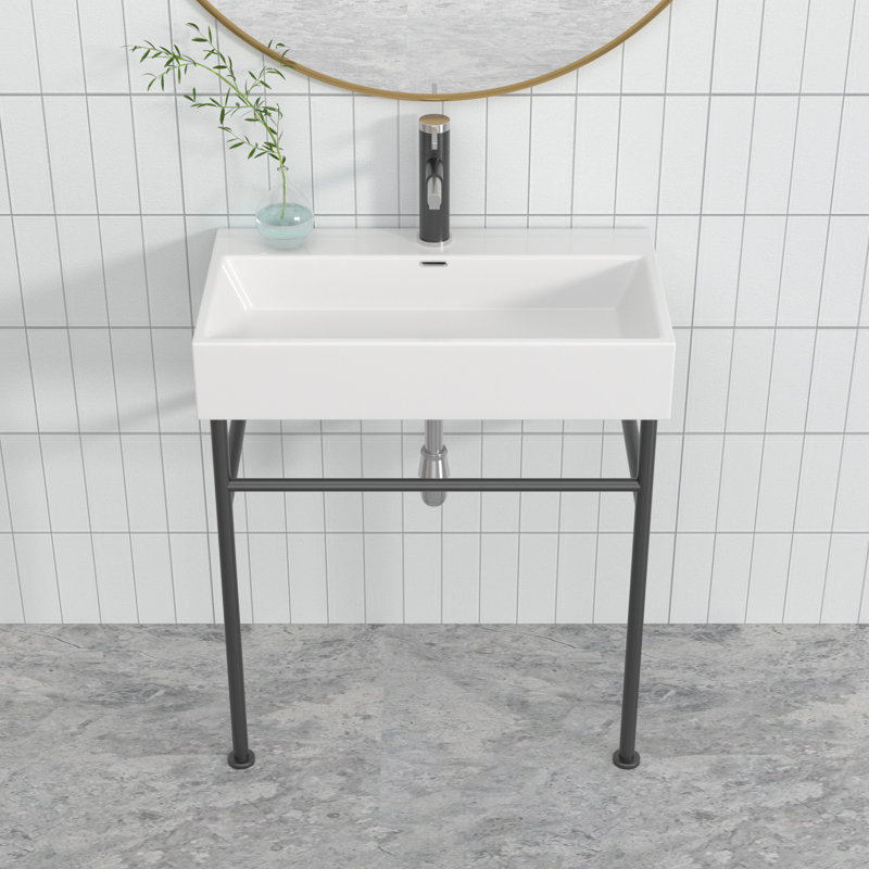 Lavabo de salle de bain console en céramique avec trop-plein, Blanc / noir