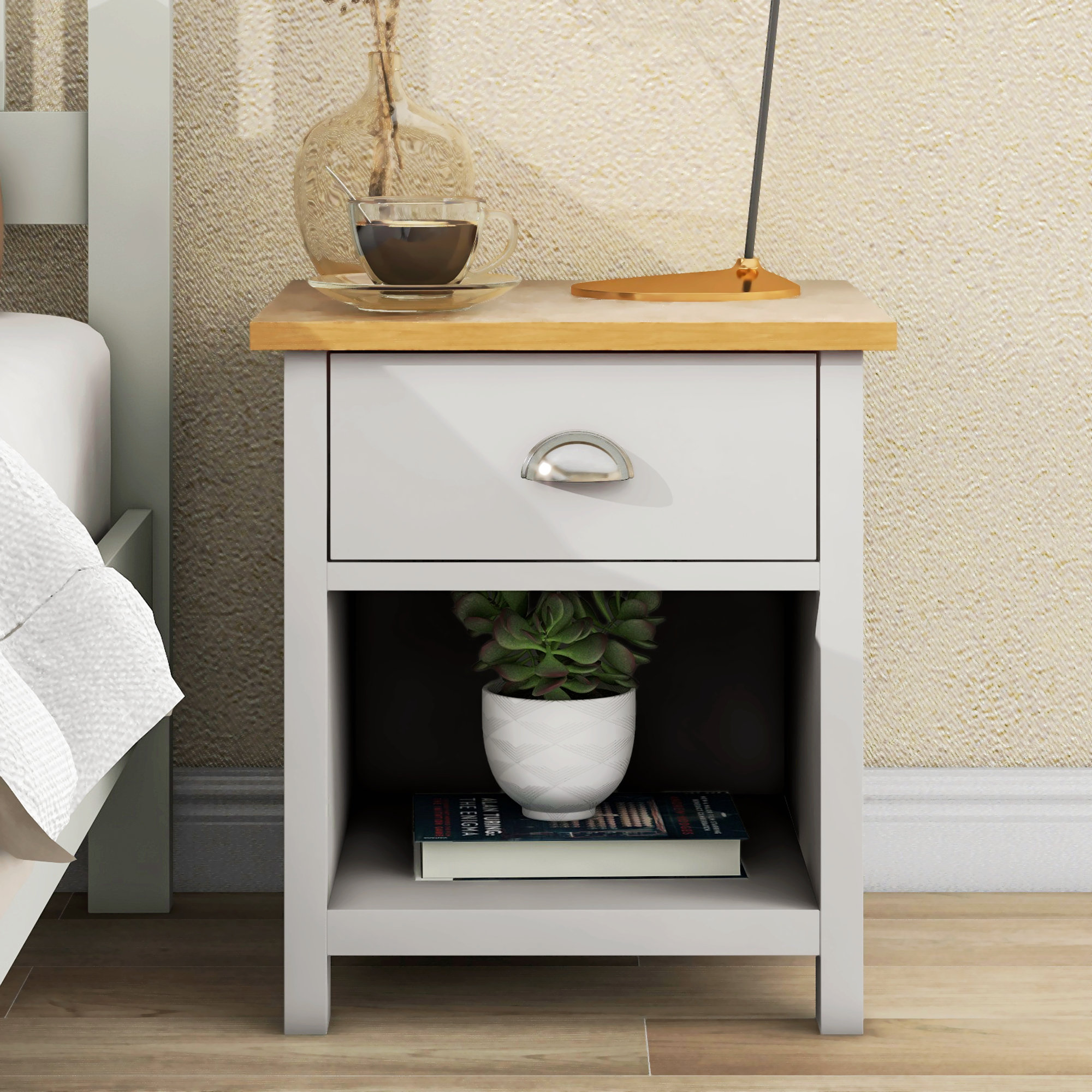 Gracie Oaks Country Gray Solid One Drawer Nightstand Side Table with ...