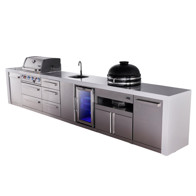 Mont Alpi 4-burner 178" Deluxe Stainless Steel Island Modular Outdoor Kitchen Island Bbq Gas Grill + Infrared Side Burner + Beverage Center Faucet & Sink + Kamado + Storage Drawers & Cabinets