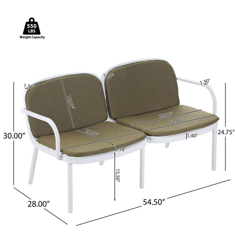  Luna Outdoor Chat Set 3 Piece Polypropylene Frame Cushioned Seating, White Green, Green Cushion/White Frame