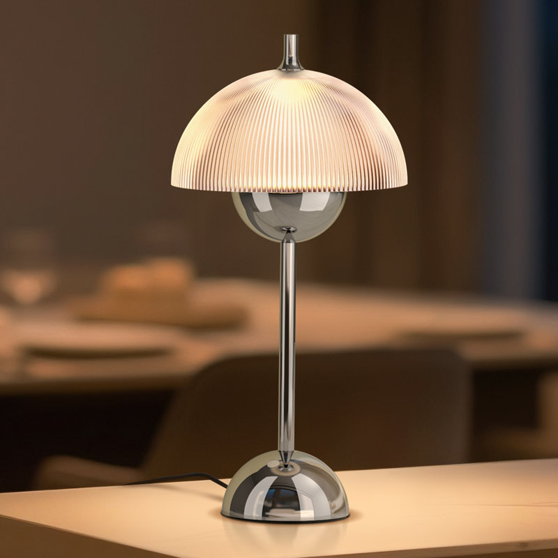 Selene 16.3"H Chrome LED Table Lamp–Striped Acrylic Mushroom Shade, 4-Level Touch Dimmable with Memory, Modern Plug-in Desk Light for Bedside, Dorm, Home Office