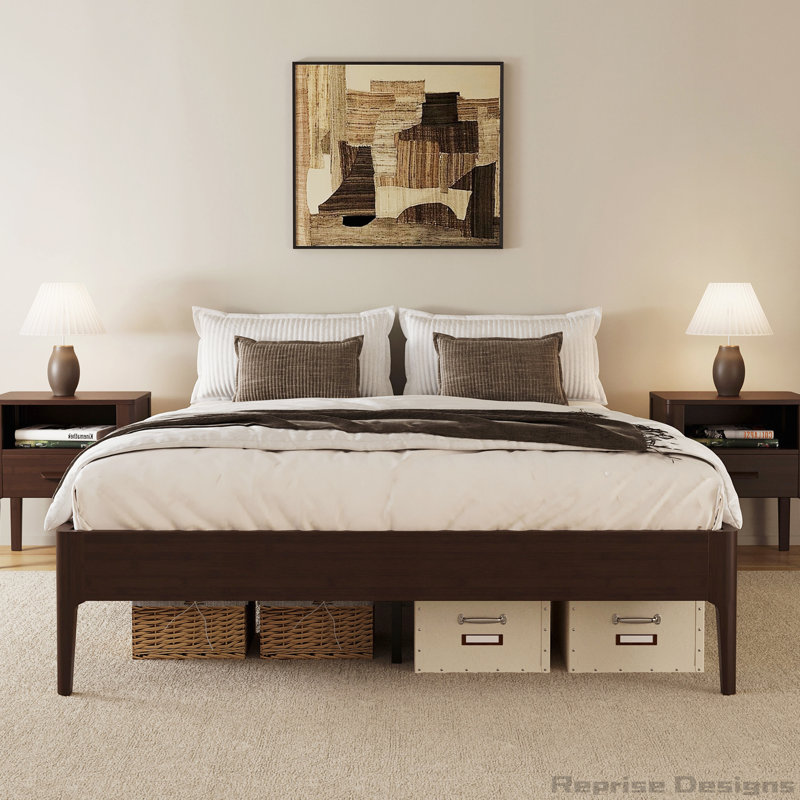 Lit plateforme en bambou avec support en métal et rangement sous le lit, Chocolat, Grand lit