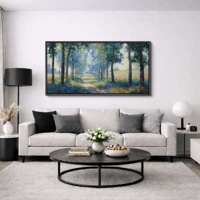Sunlit Forest Path Landscape with Tall Trees and Wildflowers Nature Wall Decor Extra Large Pictures Framed Canvas Print Wall Art