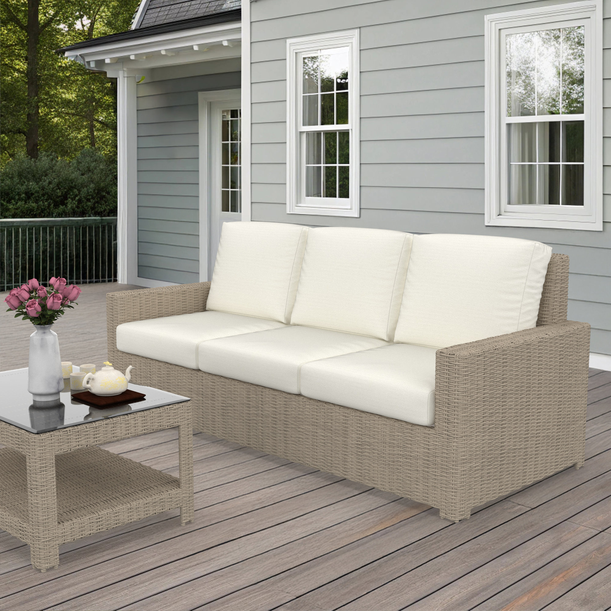 Henri 3 Seat Sofa With Sunbrella Cushions, Canvas Natural