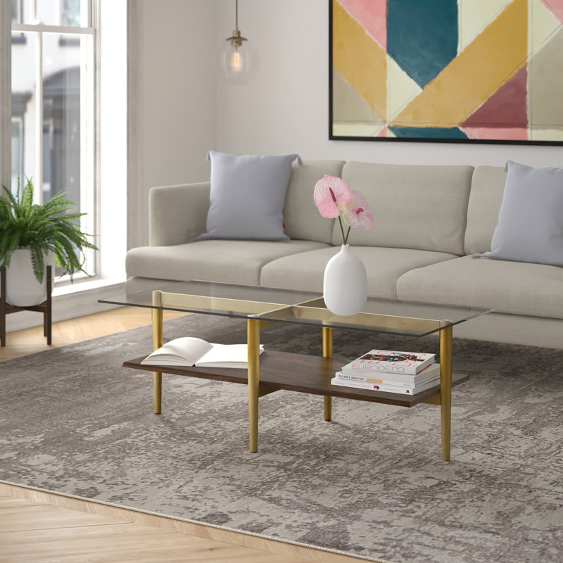 Otto Glass Top Single Coffee Table, Brass/Walnut