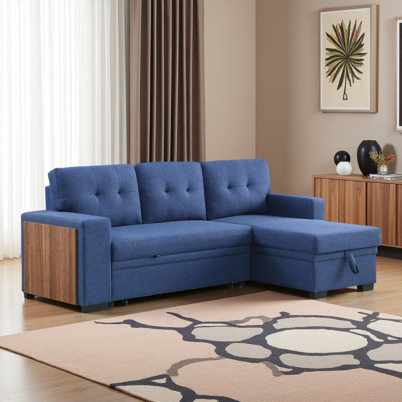 Canapé en L avec accent en bois, Bleu
