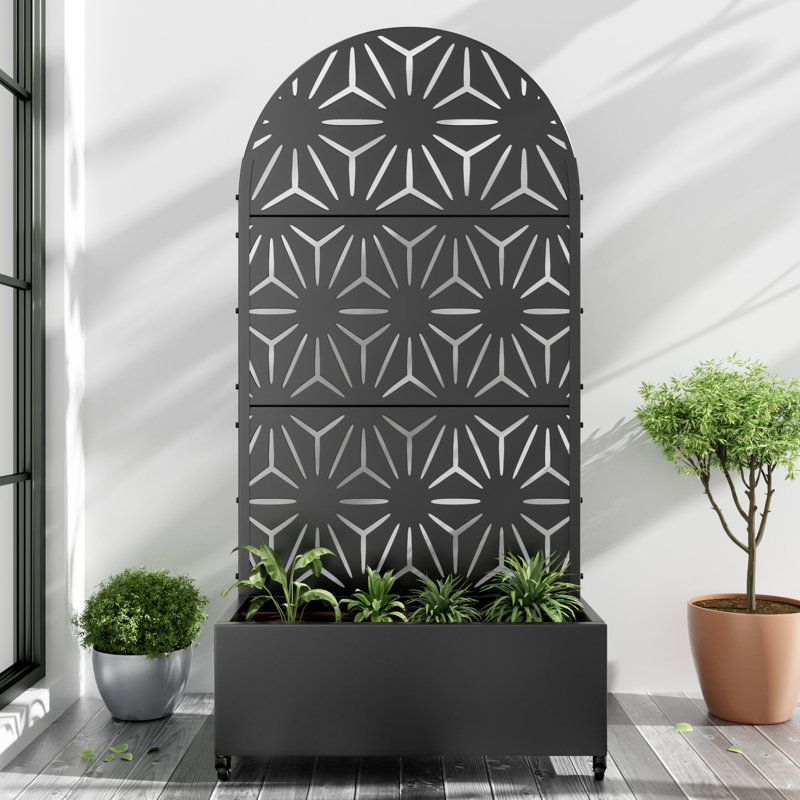 Arch Metal Planter Box with Trellis with Wheels, 72" H x 35" W x 16" D