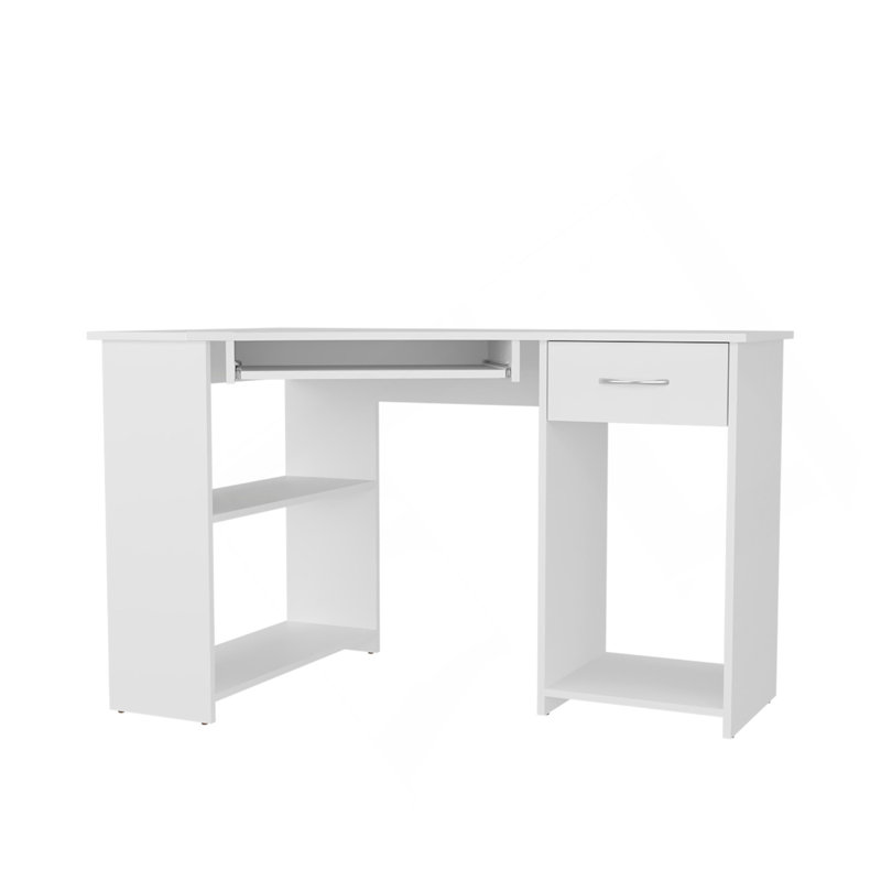 Bureau d'ordinateur de coin en L blanc avec tiroir et tablette, Blanc