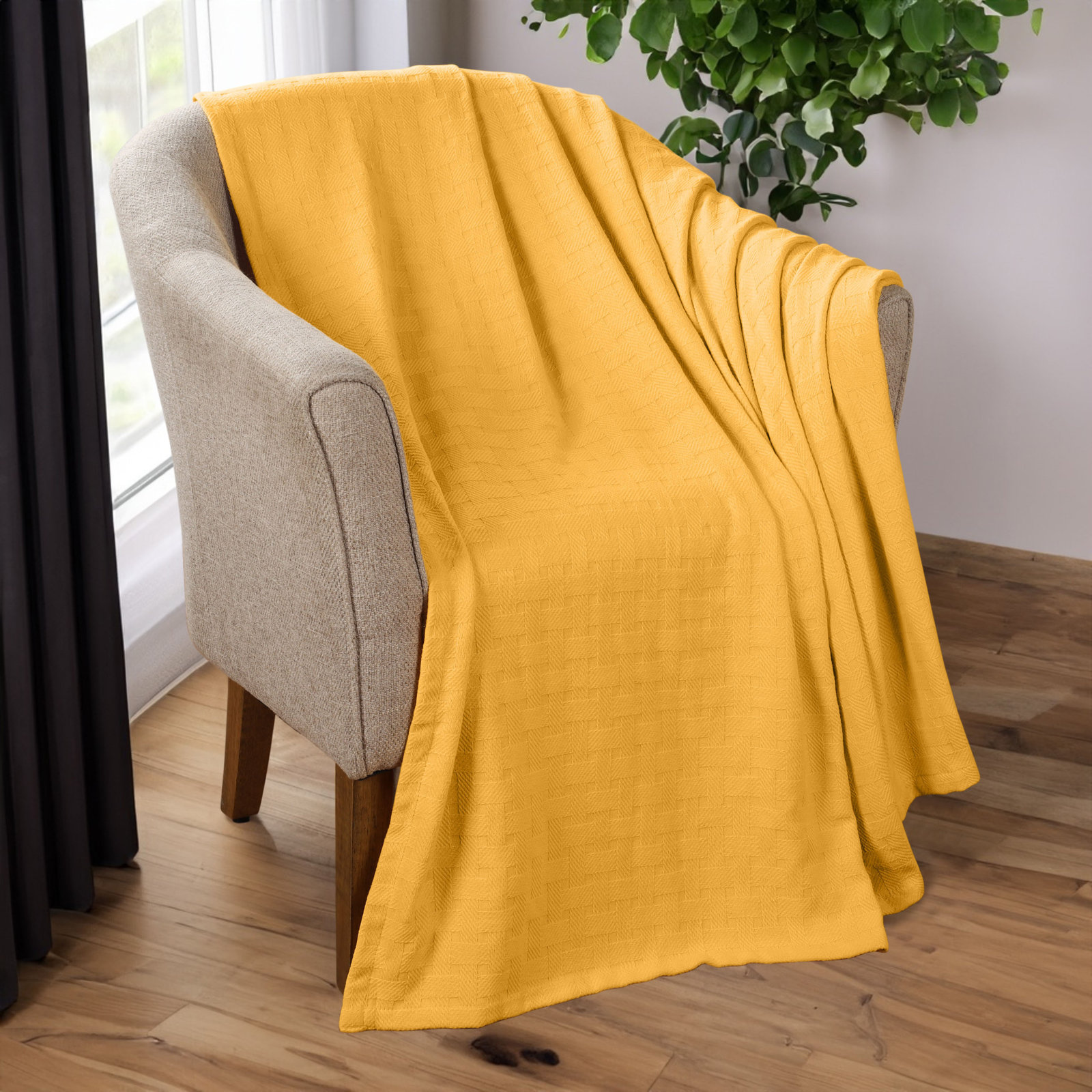 Bertie Cotton Machine Woven Throw Blanket, California King, Yellow