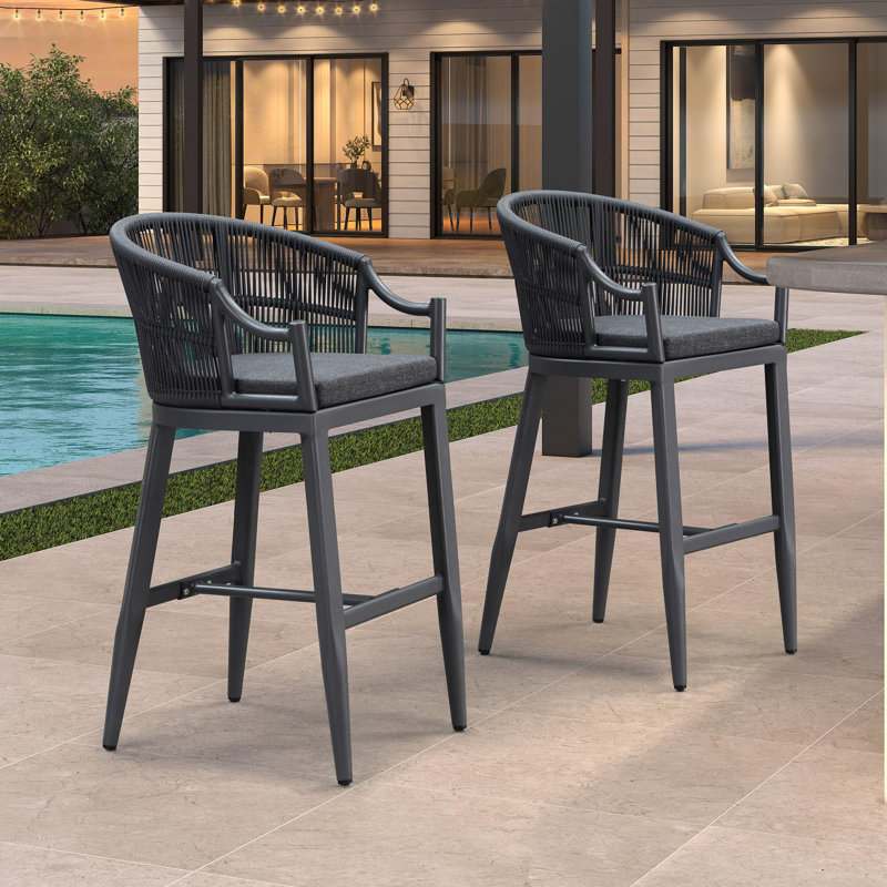 Tabourets de bar hauts modernes en métal pour patio, avec dossier et accoudoirs ergonomiques, Gris, Gris foncé