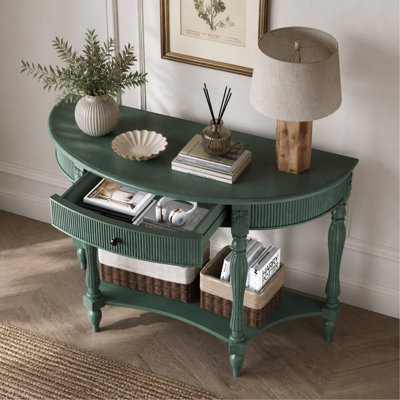 Console demi-lune en bois massif avec tiroir et tablette, table d'entrée incurvée cannelée rétro pour vestibule de couloir, canapé à espace étroit avec pieds sculptés à colonne romaine, vert rustique