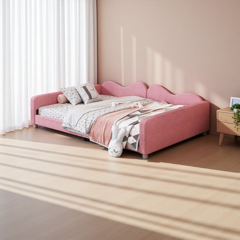 Upholstered Daybed, Sherpa Fabric Sofabed With Cloud-Shaped Backrest, No Box-Spring Needed, Full, Pink