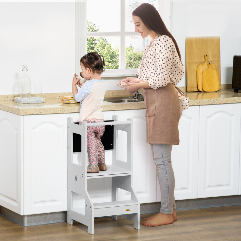 Escabeau de cuisine pour enfants, ensemble de table de cuisine 2 en 1 pour tout-petit, tour debout avec tableau noir, barrière de sécurité