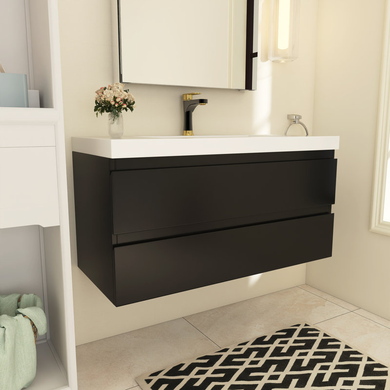 Meuble-lavabo simple 42 po avec plateau en résine Myrhn, Blanc, Noir