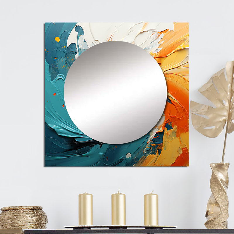 Miroir tourbillonnant mariage ambre électrique et bleu I - abstrait spirales carrées, 23 po x 23 po