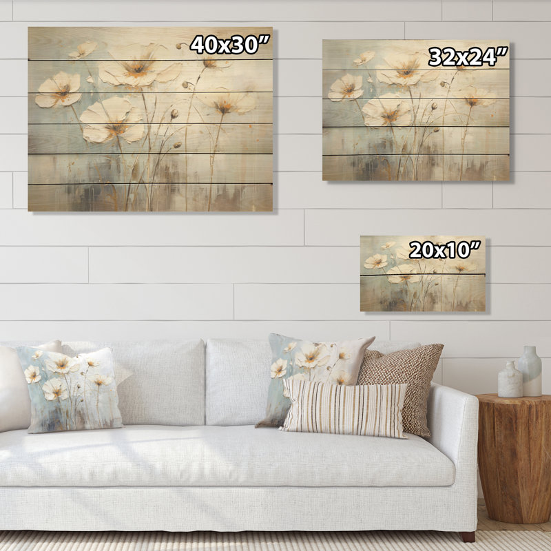 Élégante prairie de boutons d'or beige et gris sur bois de pin naturel, H 30 po x l 40 po