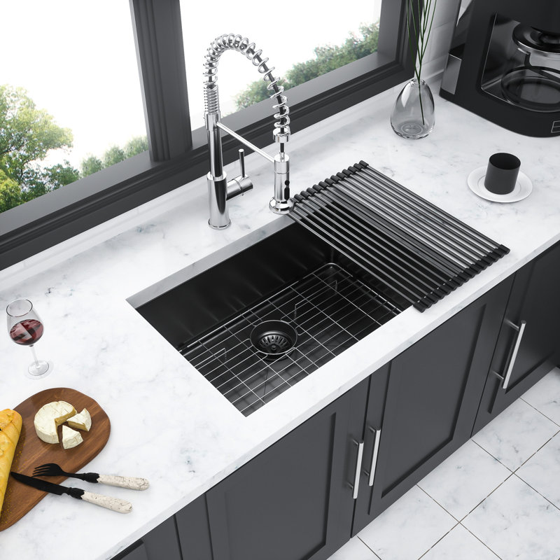 23-Inch Gunmetal Black Kitchen Sink, 16 Gauge T304 Nano Stainless Steel Undermount, 10-Inch Deep, R10 Rounded Corners, Coating For Condensation, 3Mm Rubber Pad, With Drain Assembly 23" Easy To Clean,
