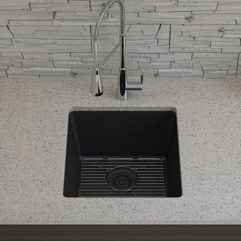 Évier de cuisine en quartz 16 po x 18 po, évier simple, évier encastré, évier de cuisine en granite, avec grilles en acier et crépine