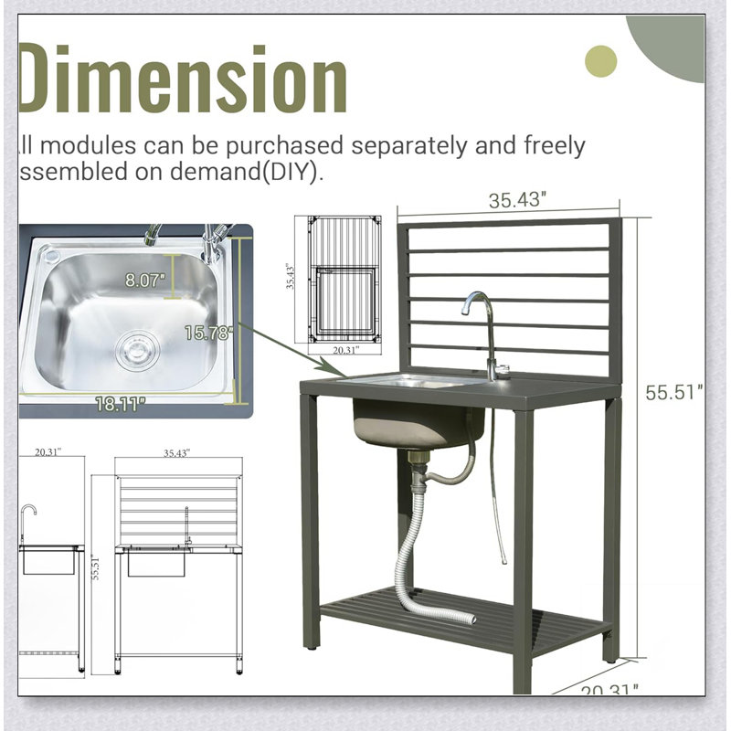 Îlot de cuisine extérieur avec rangement, structure en aluminium, évier en acier inoxydable, robinet et égouttoir pour une utilisation intérieure / extérieure