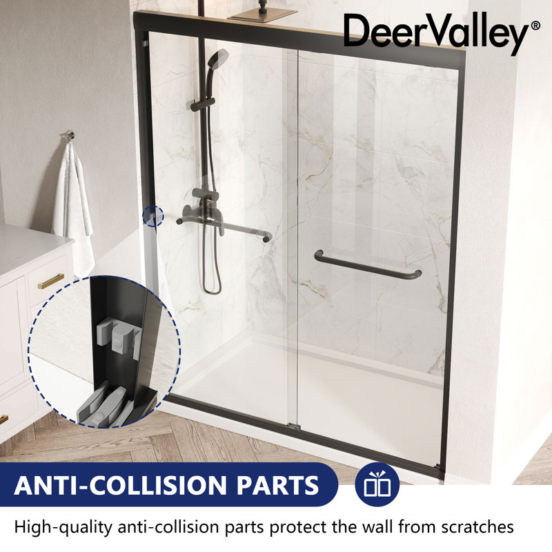 60-Inch Matte Black Aluminum Double Sliding Shower Door with Clear Glass