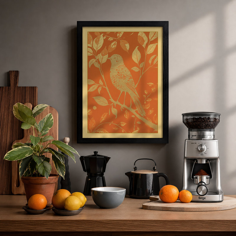 Gilded Songbird Botanical - Framed Print, A2 - 59.4 x 42.0 cm, Black