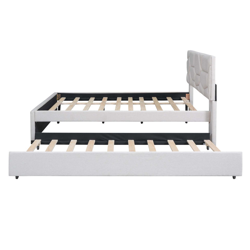 Lit plateforme tapissier avec tête de lit et lit gigogne à motif brique, Beige, Lit double