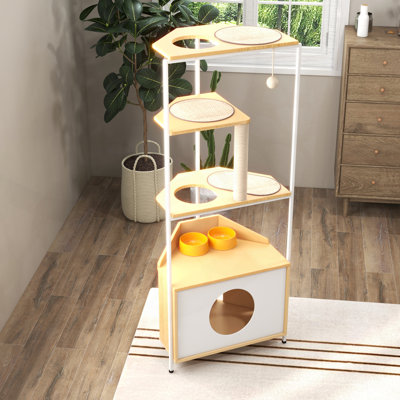 Tour d'angle pour chat, arbre à chat avec poteau à griffer, maisonnette pour chat avec station d'alimentation et plateformes d'escalade, meubles pour animaux domestiques pour chats