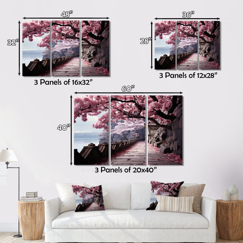Japon Art Cherry Blossom Pink Path On Canvas Print, 12" H x 20" W x 1" D, Silver Floater Framed