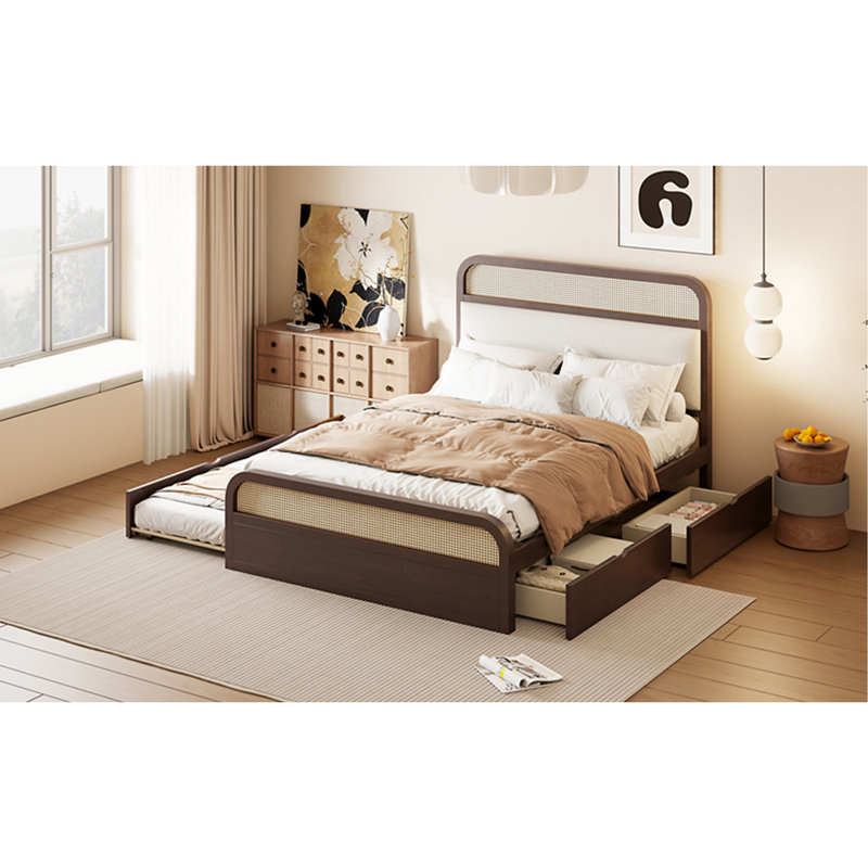 Grand lit plateforme en bois avec lit gigogne et 2 tiroirs, espresso