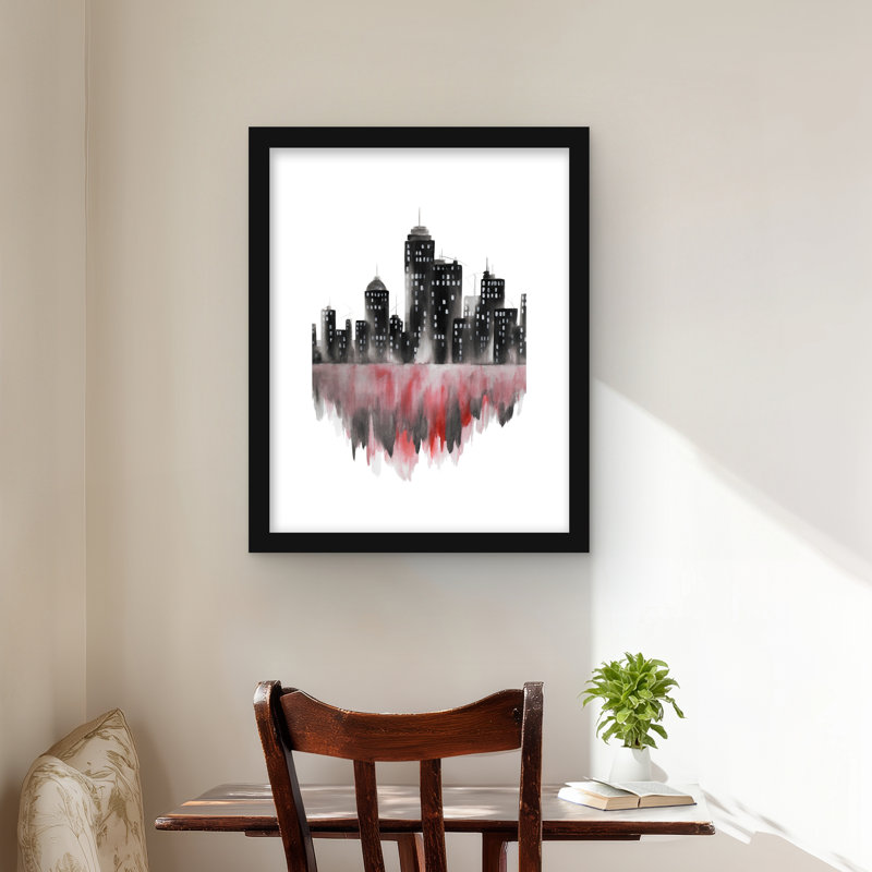 Aquarelle rouge - paysage urbain encadré noir
