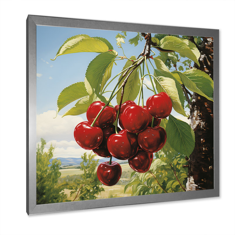 Red Cherry Tree Explosion 4 - Art mural cerise, H 36 po x l 36 po x P 1,5 po, Cadre simple argenté