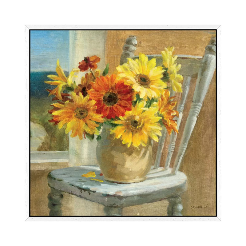 Sunflowers By The Sea Crop by Danhui Nai - Painting on Canvas, 66.04 cm H x 66.04 cm W, White Framed
