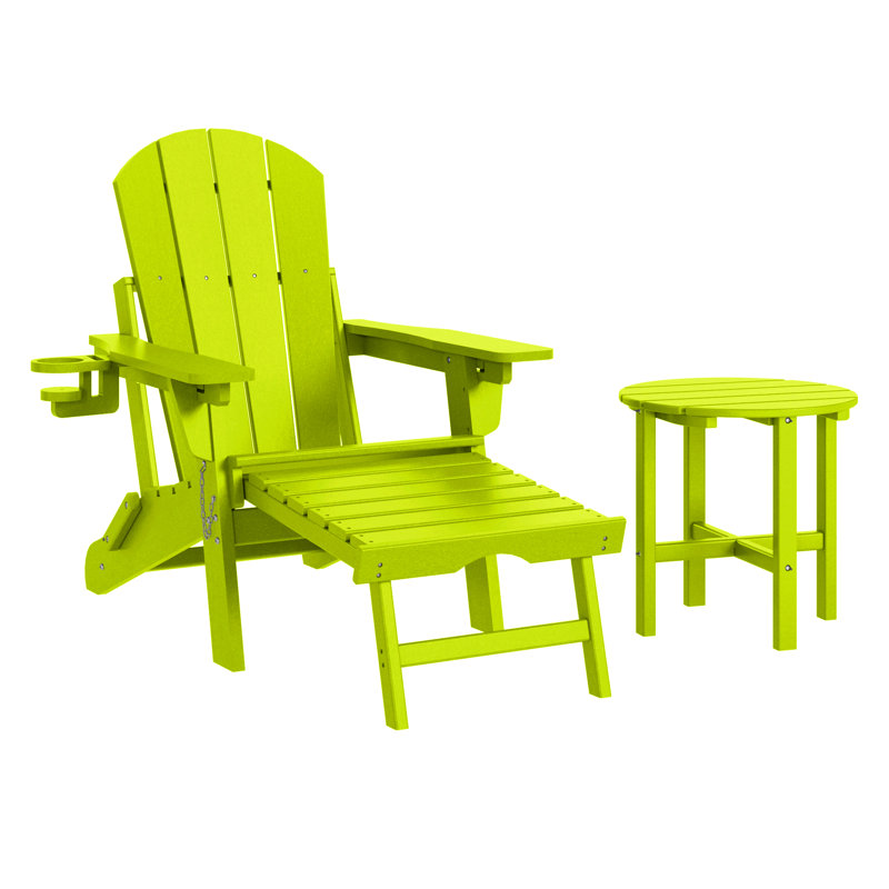 Outdoor Folding Adjustable Adirondack Chair With Hideaway Ottoman & Round Side Table, Lime Green