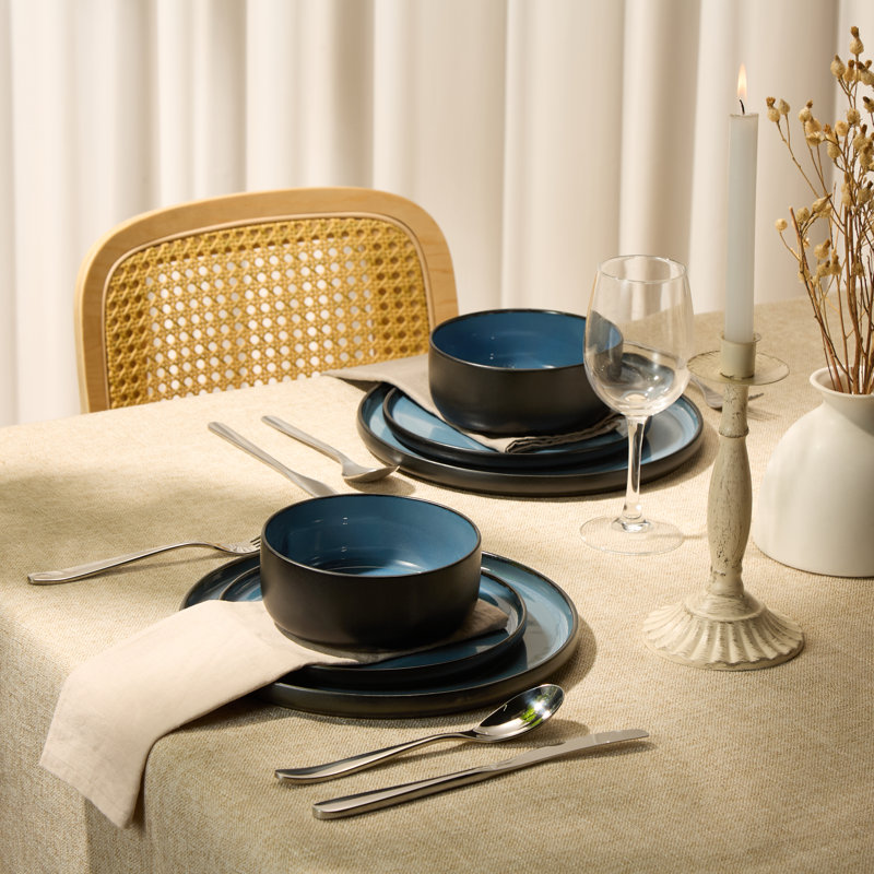  Service de table en céramique, 12 pièces, noir / bleu ardoise, service pour 4, Noir / bleu ardoise