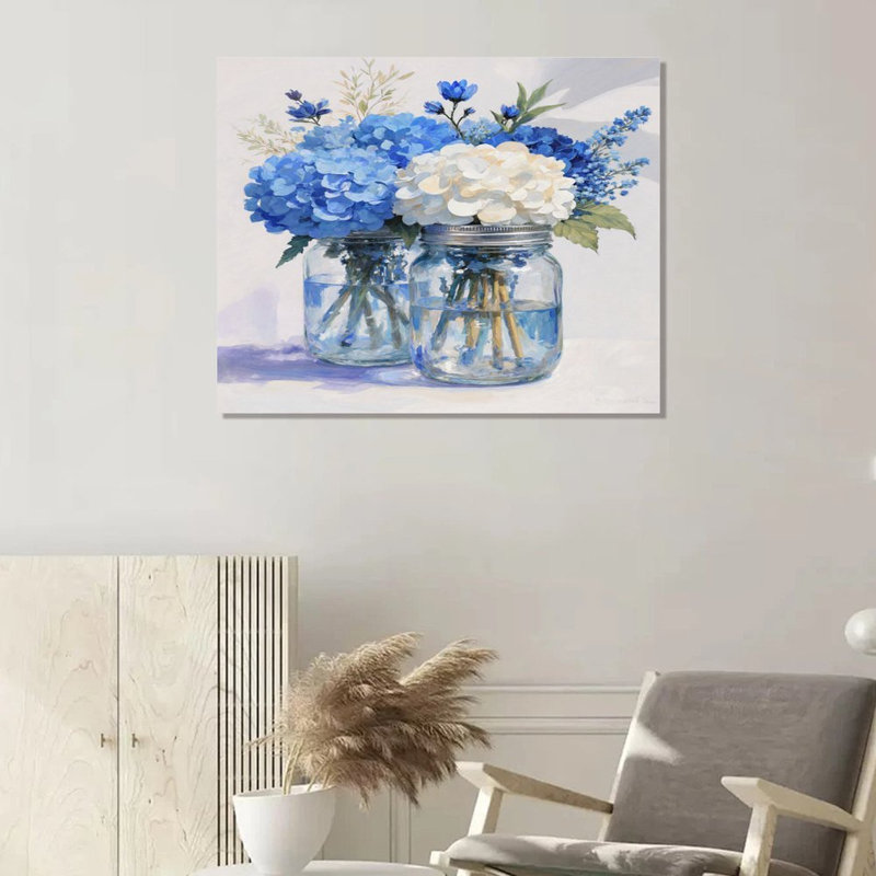 Blue-White Hydrangea Bouquet/ Fresh Coastal Tone, Built-In Wooden Frame, Canvas Wall Art, 20Wx16l