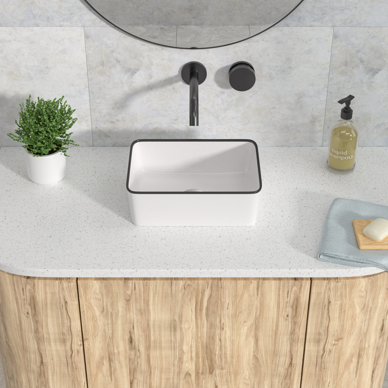 Lavabo de salle de bain vasque rectangulaire en céramique blanche avec garniture noire 16 po x 12 po - Meuble-lavabo moderne sur comptoir pour salle de bain contemporaine
