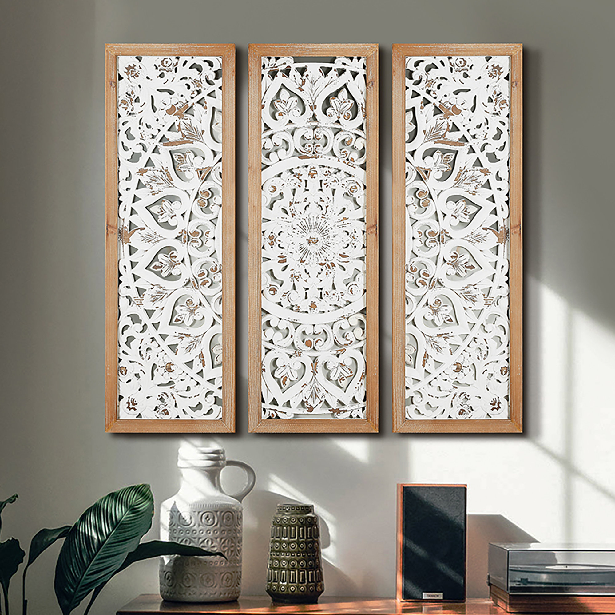 Ophelia & Co. Handcrafted Ornate Floral Carved Wood Wall Art Panels