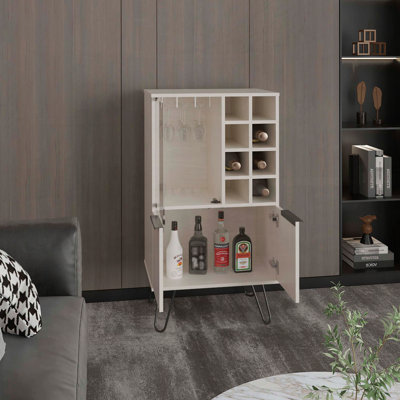 Armoire-bar étroite avec support à vin pour huit bouteilles et tablette coulissante
