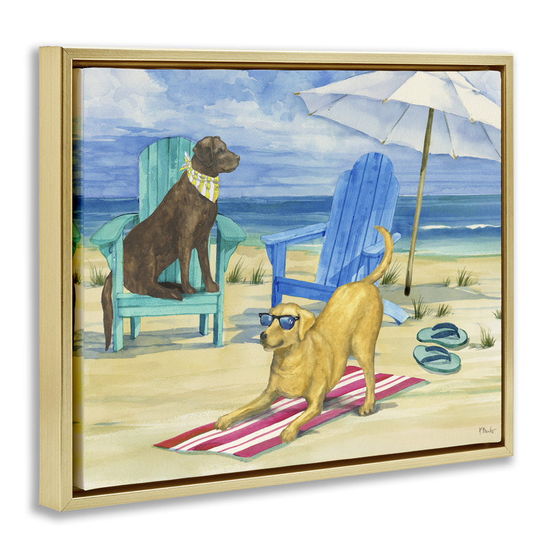 «Dogs on Beach» par Paul Brent, Cadre flottant métallique doré, H 17 po x l 21 po