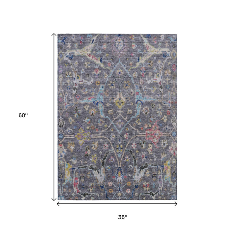 Tapis intérieur/extérieur lavable, 90 x 150 cm, gris, or et rouge à motifs floraux
