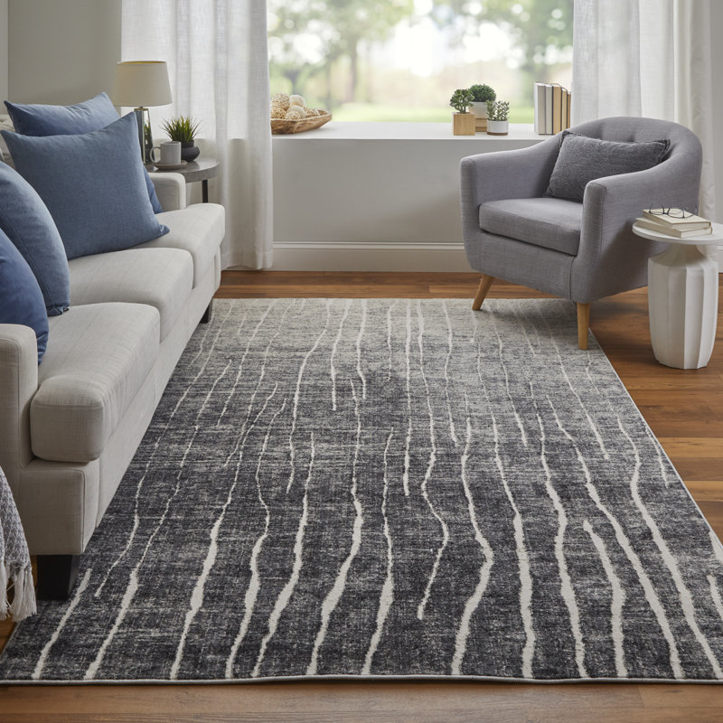 Rohon Performance Abstract Indoor Rug, Rectangle 4'3" x 6'3", Ivory/Grey